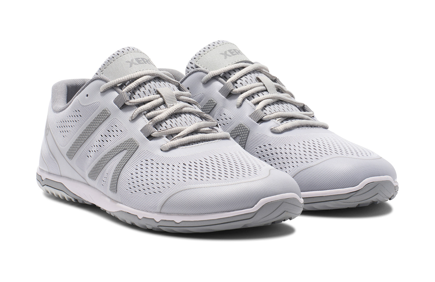 Xero Shoes Canada, specifically barefoot running shoes Canada. These minimalist shoes have flexible soles, wide toe boxes, and zero drop. Pair view of Xero Men's HFS II in Lunar Rock/Alloy. Lightweight road runner.