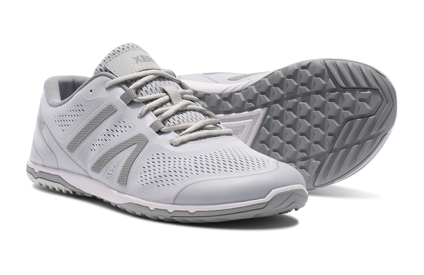 Xero Shoes Canada, specifically barefoot running shoes Canada. These minimalist shoes have flexible soles, wide toe boxes, and zero drop. Pair view of Xero Men's HFS II in Lunar Rock/Alloy. Lightweight road runner.