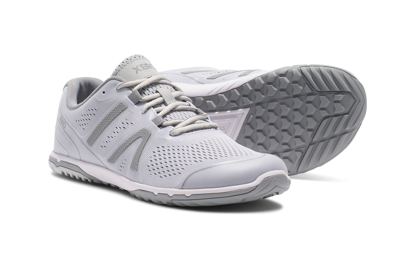 Xero Shoes Canada, specifically barefoot running shoes Canada. These minimalist shoes have flexible soles, wide toe boxes, and zero drop. Pair view of Xero Women's HFS II in Lunar Rock/Alloy. Lightweight road runner.