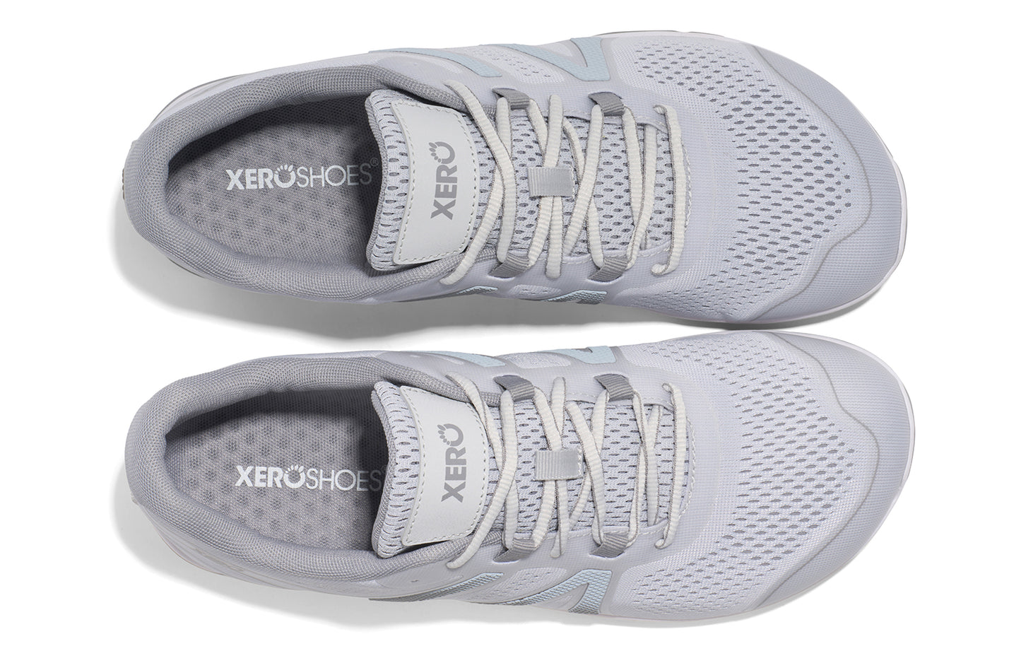 Xero Shoes Canada, specifically barefoot running shoes Canada. These minimalist shoes have flexible soles, wide toe boxes, and zero drop. Top view of Xero Men's HFS II in Lunar Rock/Alloy. Lightweight road runner.