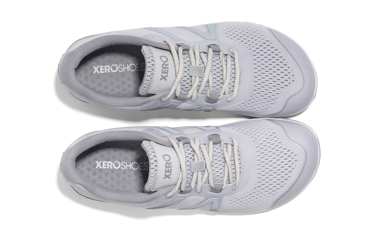Xero Shoes Canada, specifically barefoot running shoes Canada. These minimalist shoes have flexible soles, wide toe boxes, and zero drop. Top view of Xero Women's HFS II in Lunar Rock/Alloy. Lightweight road runner.