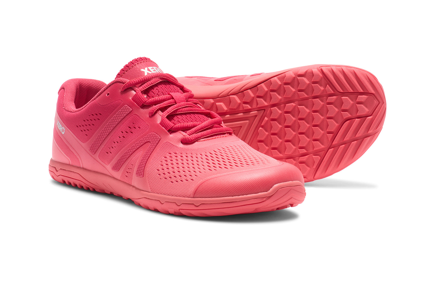 Xero Shoes Canada, specifically barefoot running shoes Canada. These minimalist shoes have flexible soles, wide toe boxes, and zero drop. Pair view of Xero Women's HFS II in Raspberry/Sunset Coral Gradient. Lightweight road runner.