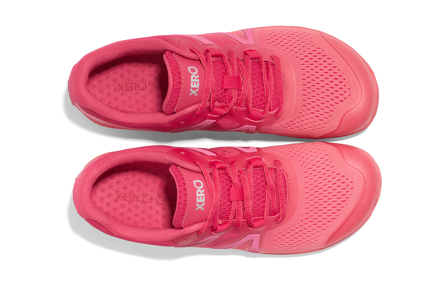 Xero Shoes Canada, specifically barefoot running shoes Canada. These minimalist shoes have flexible soles, wide toe boxes, and zero drop. Top view of Xero Women's HFS II in Raspberry/Sunset Coral Gradient. Lightweight road runner.