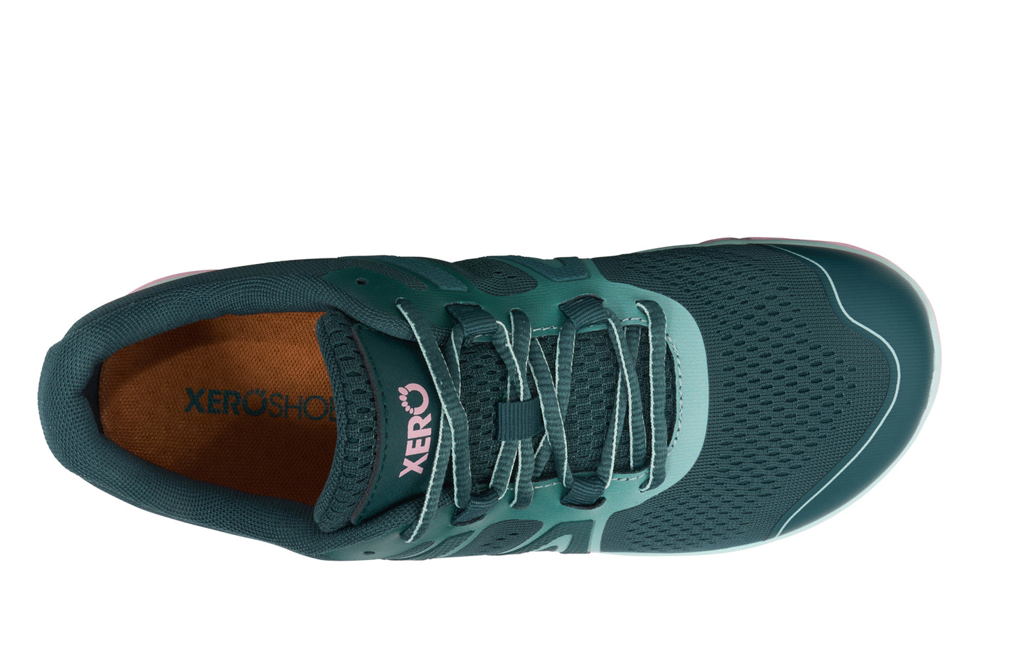Xero Shoes Canada, specifically barefoot running shoes Canada. These minimalist shoes have flexible soles, wide toe boxes, and zero drop. Top view of Xero Women's HFS II in Sea Moss/Pink-a-Boo. Lightweight road runner.