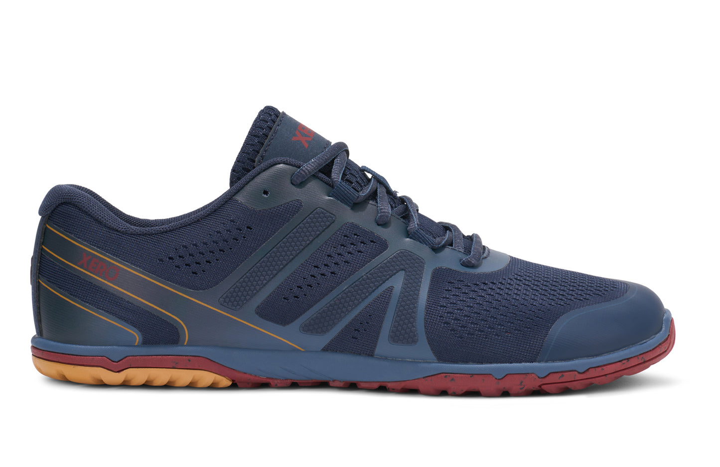 Xero Shoes Canada, specifically barefoot running shoes Canada. These minimalist shoes have flexible soles, wide toe boxes, and zero drop. Side view of Xero Men's HFS II in Indigo Red Ochre. Lightweight road runner.
