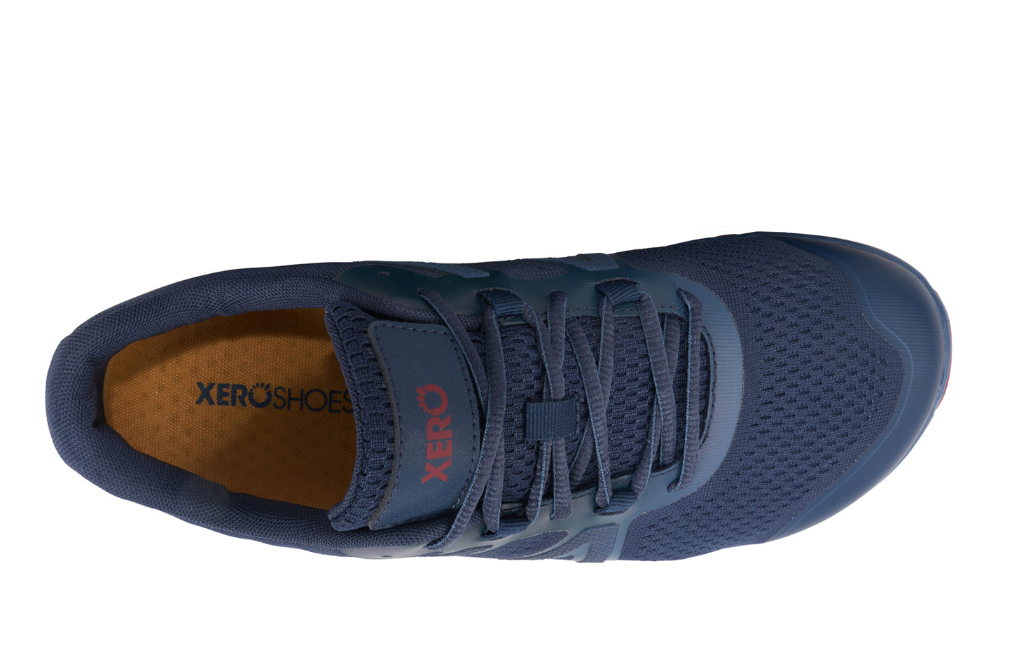 Xero Shoes Canada, specifically barefoot running shoes Canada. These minimalist shoes have flexible soles, wide toe boxes, and zero drop. Top view of Xero Men's HFS II in Indigo Red Ochre. Lightweight road runner.