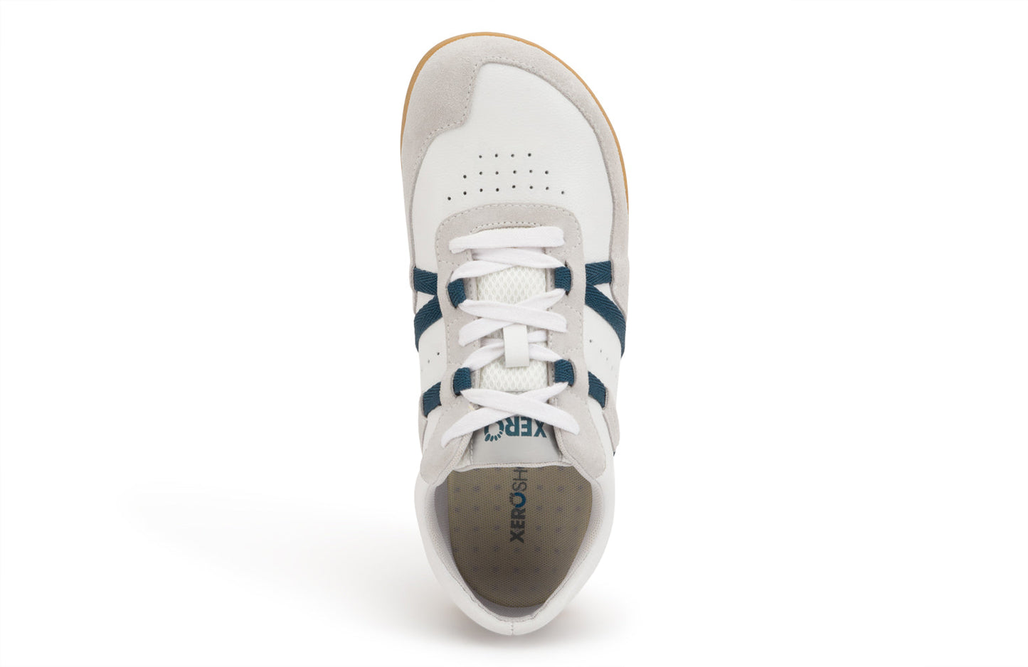 Xero Shoes Canada, specifically women’s barefoot shoes Canada. These minimalist shoes have flexible soles, wide toe boxes, and zero drop. Top view of Xero Women's Kelso in White. Leather and suede court-style shoe.
