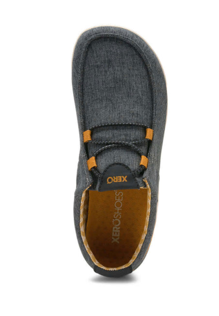 Xero Shoes Canada, specifically women’s barefoot shoes Canada. These minimalist shoes have flexible soles, wide toe boxes, and zero drop. Top view of Xero Women's Kona in Asphalt. Moccasin inspired casual shoe.
