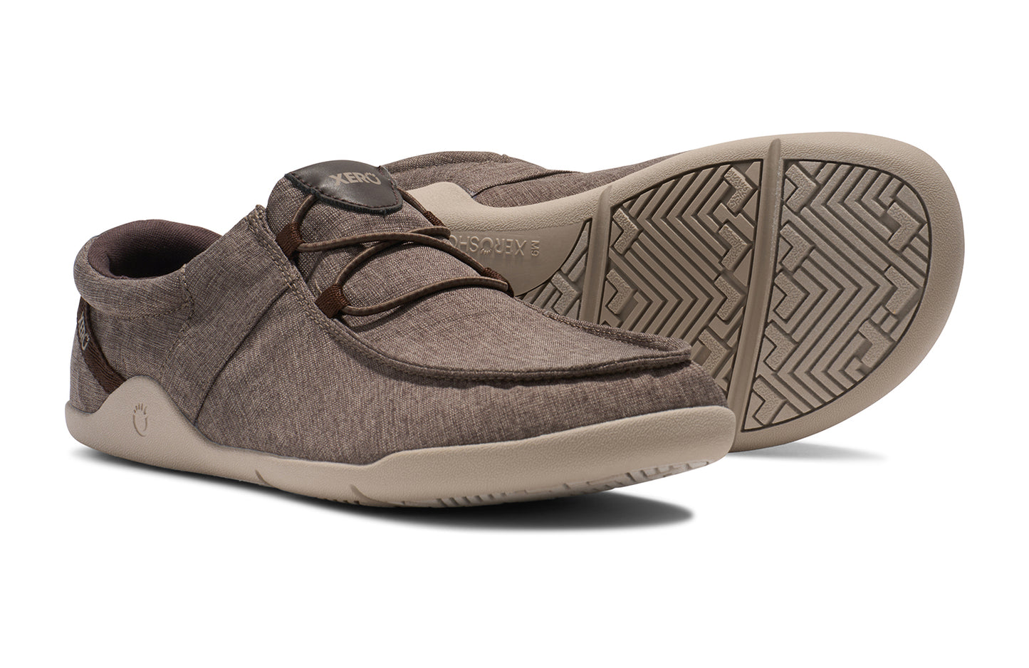 Xero Shoes Canada, specifically men’s barefoot shoes Canada. These minimalist shoes have flexible soles, wide toe boxes, and zero drop. Pair view of Xero Men's Kona in Morel. Moccasin inspired casual shoe.