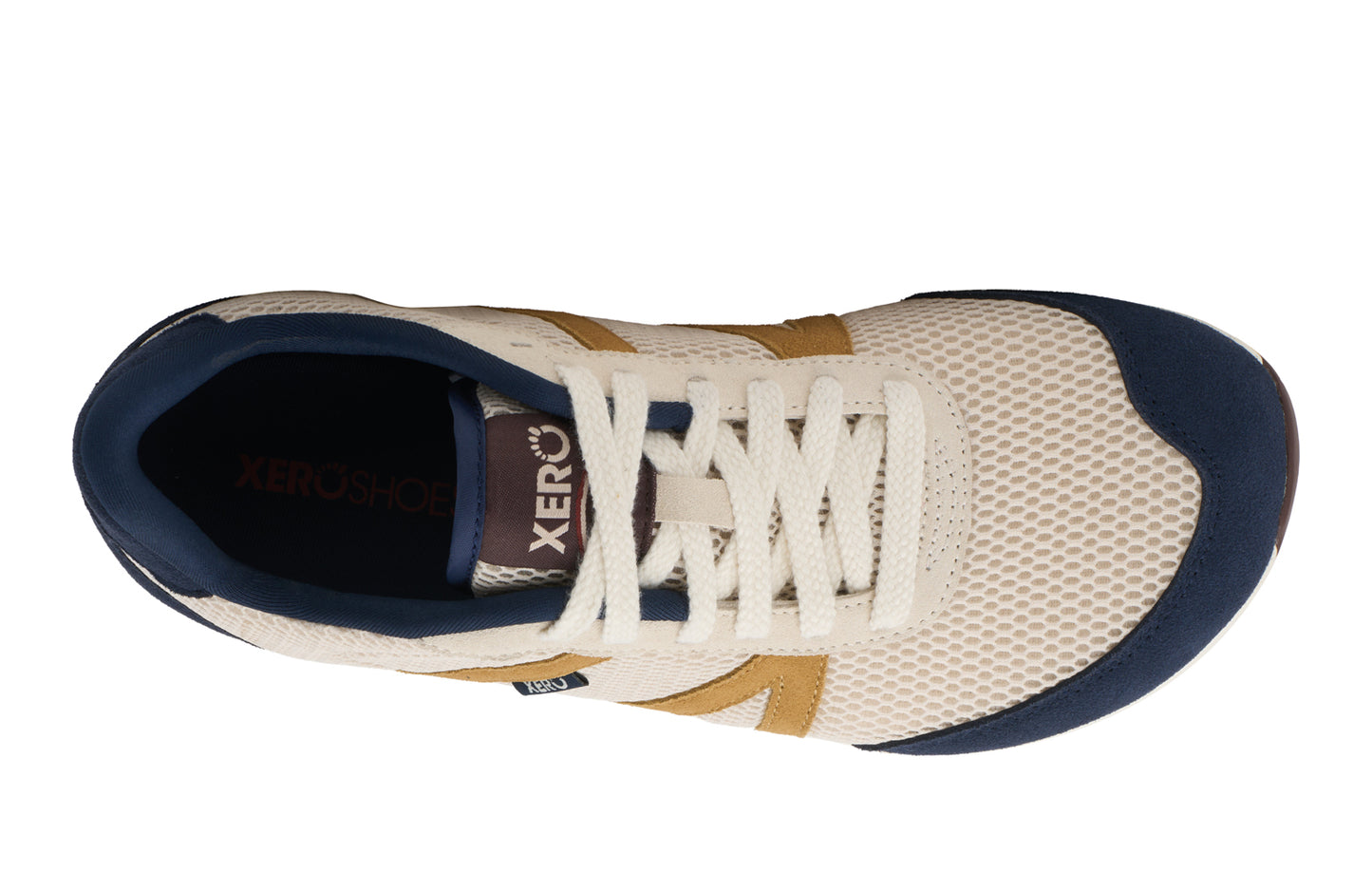 White and navy running shoe with 'Xero' branding on a white background. Tru Stride Co brings Xero Shoes to Canada