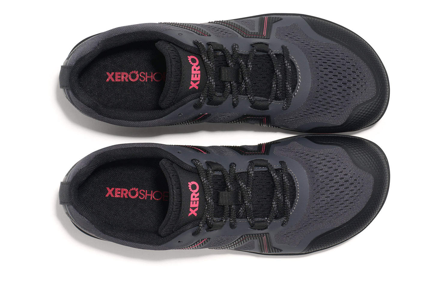 Xero Shoes Canada, specifically barefoot hiking shoes Canada. These minimalist shoes have flexible soles, wide toe boxes, and zero drop. Top view of Xero Women's Mesa Trail II in Asphalt/Raspberry. Durable, breathable hiking shoe.