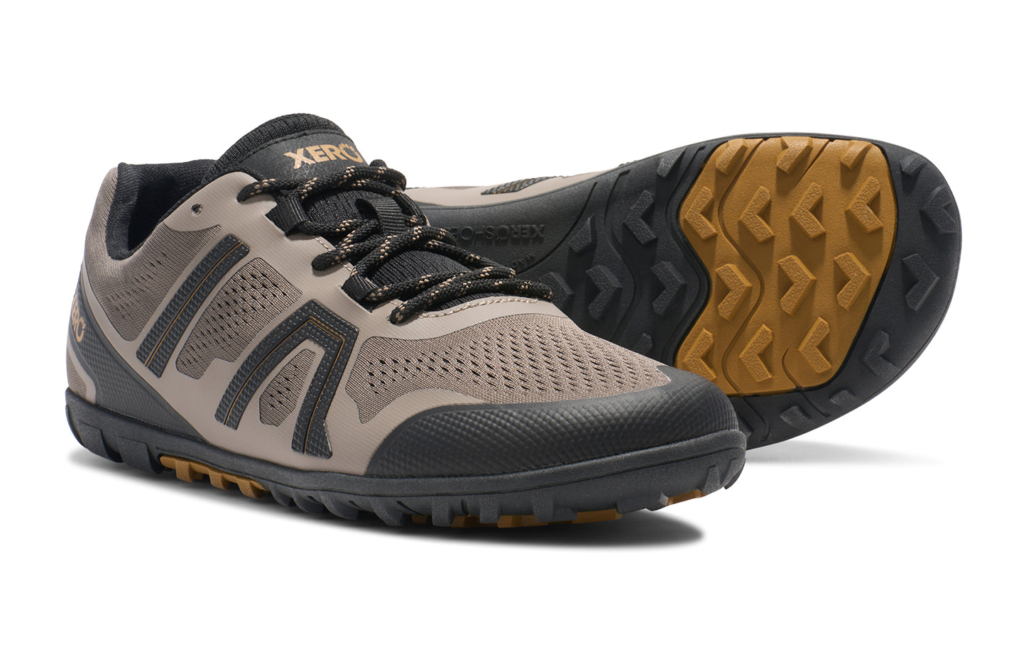 Xero Shoes Canada, specifically barefoot hiking shoes Canada. These minimalist shoes have flexible soles, wide toe boxes, and zero drop. Side and sole pair view of Xero Men's Mesa Trail II in Fallen Rock/Black. Durable, breathable hiking shoe.