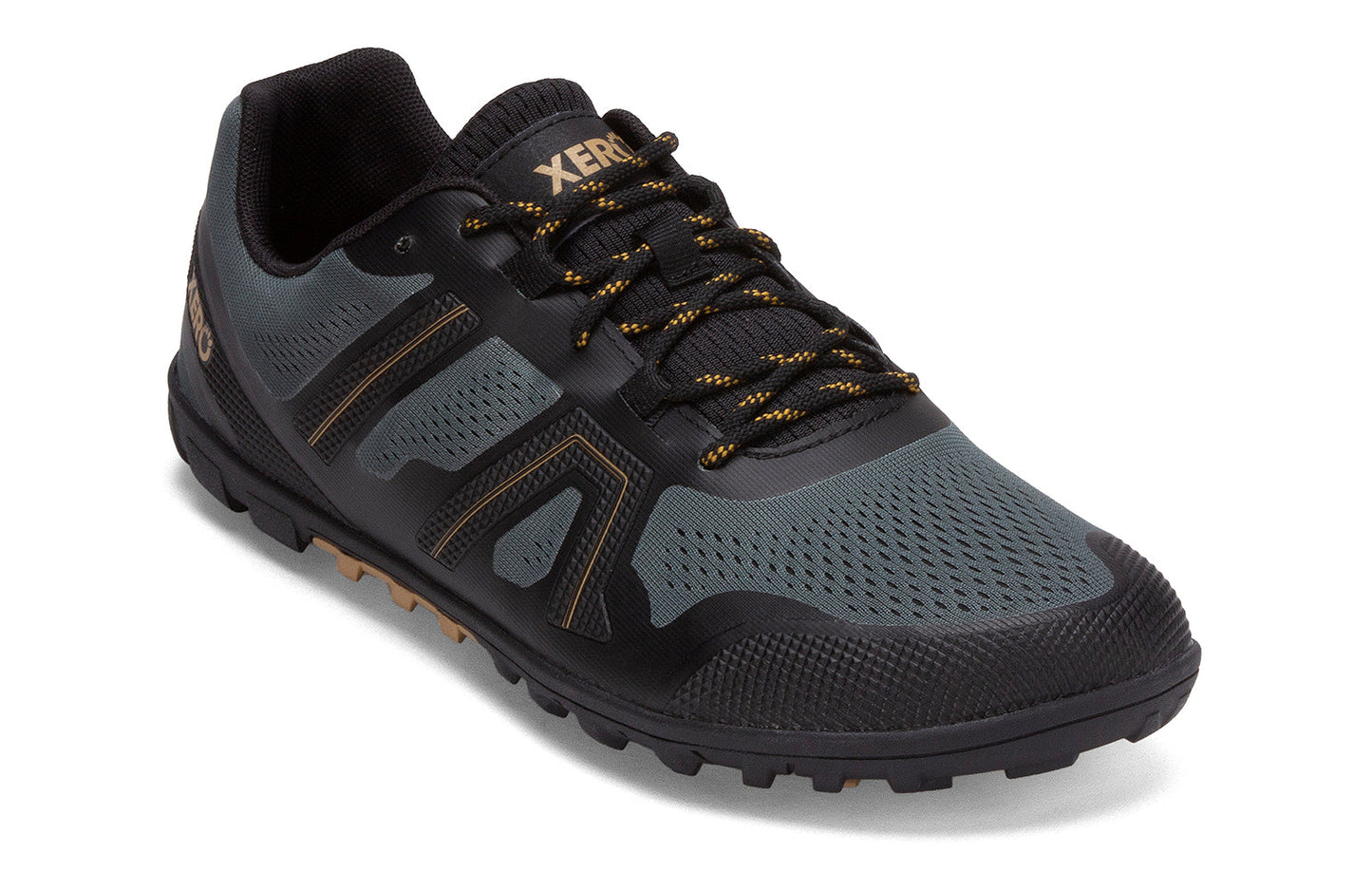 Xero Shoes Canada, specifically barefoot hiking shoes Canada. These minimalist shoes have flexible soles, wide toe boxes, and zero drop. Angled view of Xero Men's Mesa Trail II in Forest. Durable, breathable hiking shoe.