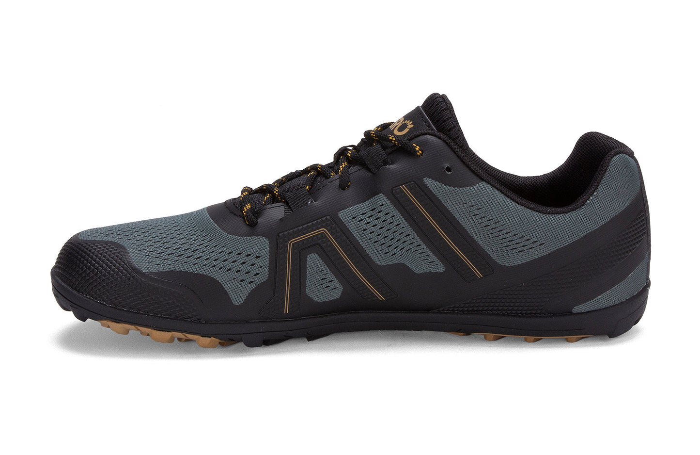 Xero Shoes Canada, specifically barefoot hiking shoes Canada. These minimalist shoes have flexible soles, wide toe boxes, and zero drop. Medial side view of Xero Men's Mesa Trail II in Forest. Durable, breathable hiking shoe.