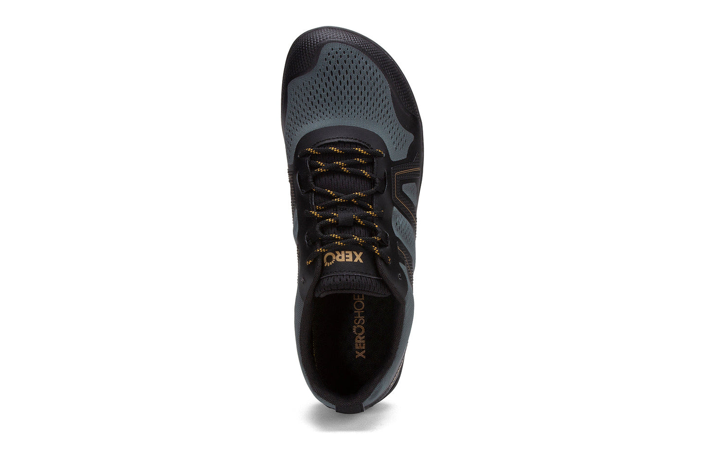 Xero Shoes Canada, specifically barefoot hiking shoes Canada. These minimalist shoes have flexible soles, wide toe boxes, and zero drop. Top view of Xero Men's Mesa Trail II in Forest. Durable, breathable hiking shoe.