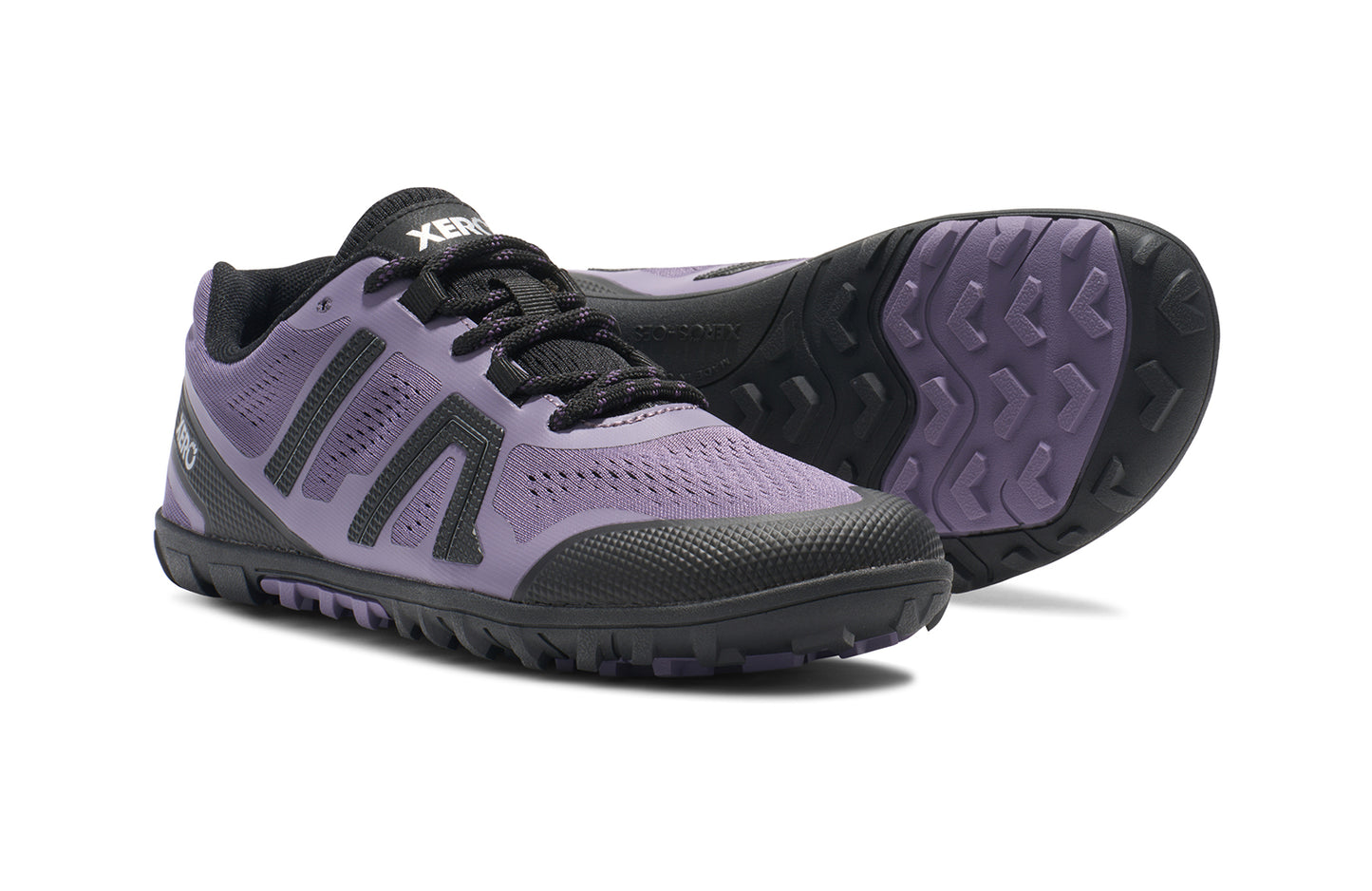Xero Shoes Canada, specifically barefoot hiking shoes Canada. These minimalist shoes have flexible soles, wide toe boxes, and zero drop. Side and sole pair view of Xero Women's Mesa Trail II in Sage/Purple/Silver. Durable, breathable hiking shoe.