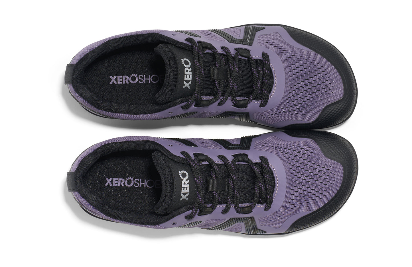 Xero Shoes Canada, specifically barefoot hiking shoes Canada. These minimalist shoes have flexible soles, wide toe boxes, and zero drop. Top view of Xero Women's Mesa Trail II in Sage/Purple/Silver. Durable, breathable hiking shoe.