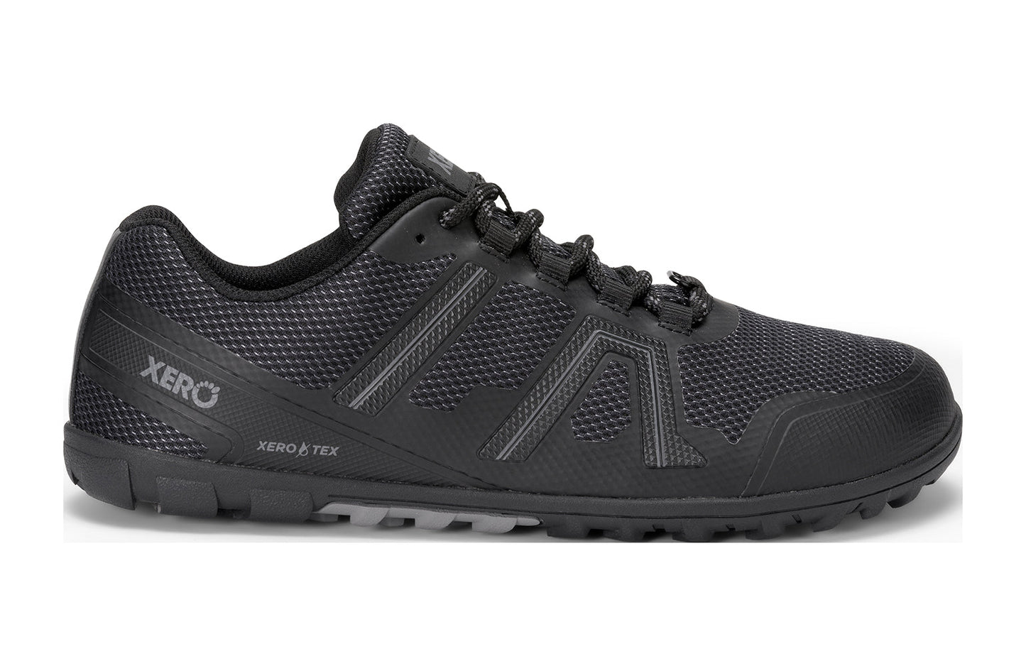 Xero Shoes Canada, specifically barefoot hiking shoes Canada. These minimalist shoes have flexible soles, wide toe boxes, and zero drop. Lateral side view of Xero Women's Mesa Trail II in Black. Durable, waterproof hiking shoe.