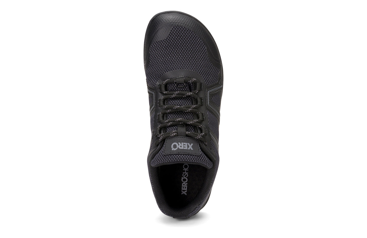 Xero Shoes Canada, specifically barefoot hiking shoes Canada. These minimalist shoes have flexible soles, wide toe boxes, and zero drop. Top view of Xero Women's Mesa Trail II in Black. Durable, waterproof hiking shoe.