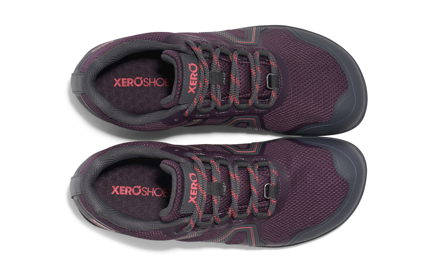 Xero Shoes Canada, specifically barefoot hiking shoes Canada. These minimalist shoes have flexible soles, wide toe boxes, and zero drop. Top view of Xero Women's Mesa Trail II in Plum Perfect/Sunset Coral. Durable, waterproof hiking shoe.