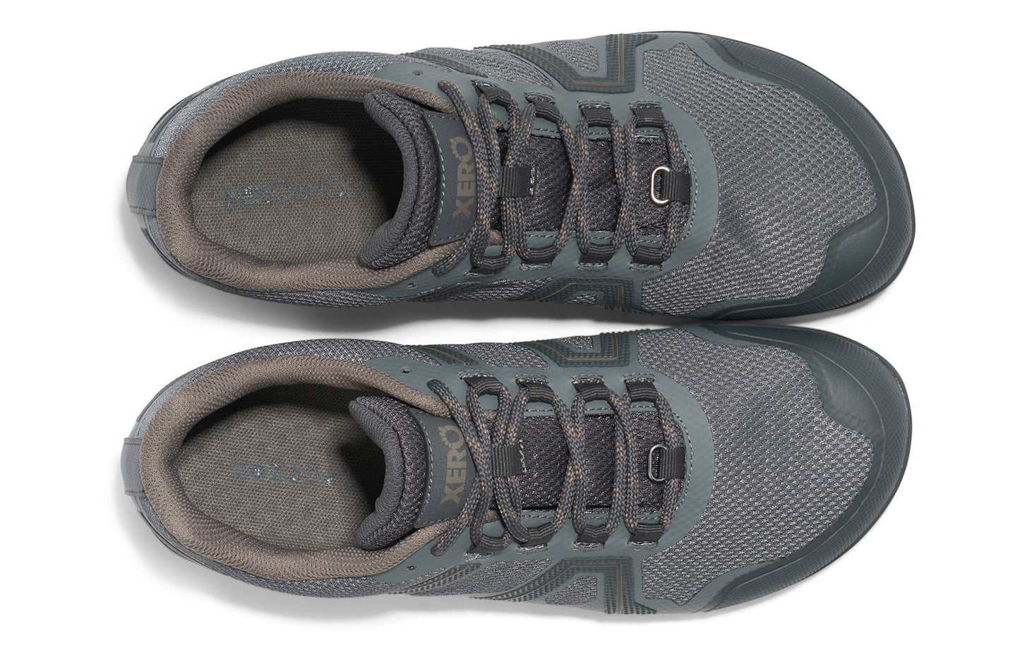 Xero Shoes Canada, specifically barefoot hiking shoes Canada. These minimalist shoes have flexible soles, wide toe boxes, and zero drop. Top view of Xero Men's Mesa Trail II in Steel Gray/Asphalt. Durable, waterproof hiking shoe.