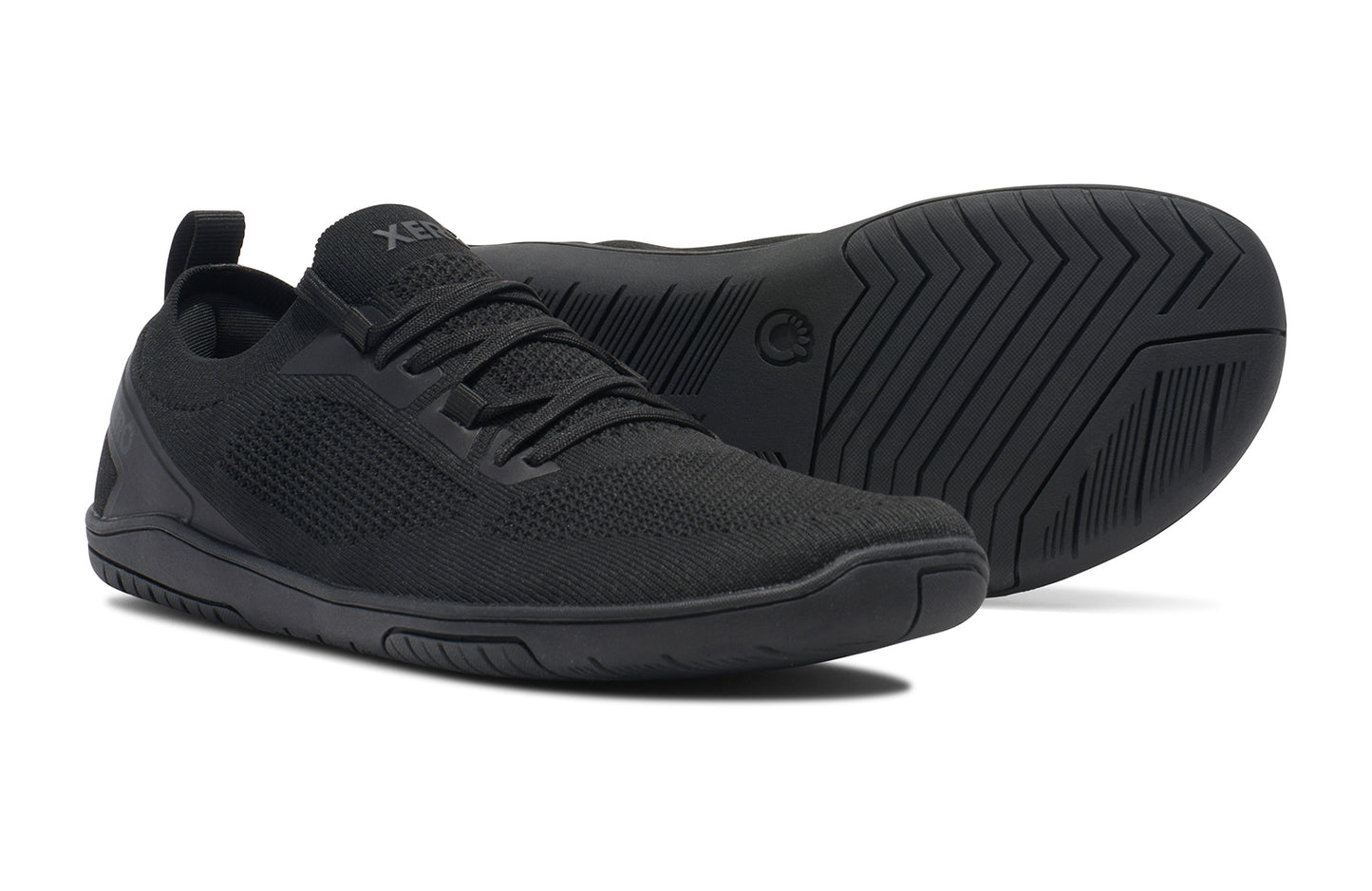 Xero Shoes Canada, specifically barefoot running shoes Canada. These minimalist shoes have flexible soles, wide toe boxes, and zero drop. Pair view of Xero Men's Nexus Knit in Black Black. An athletic, comfortable shoe.