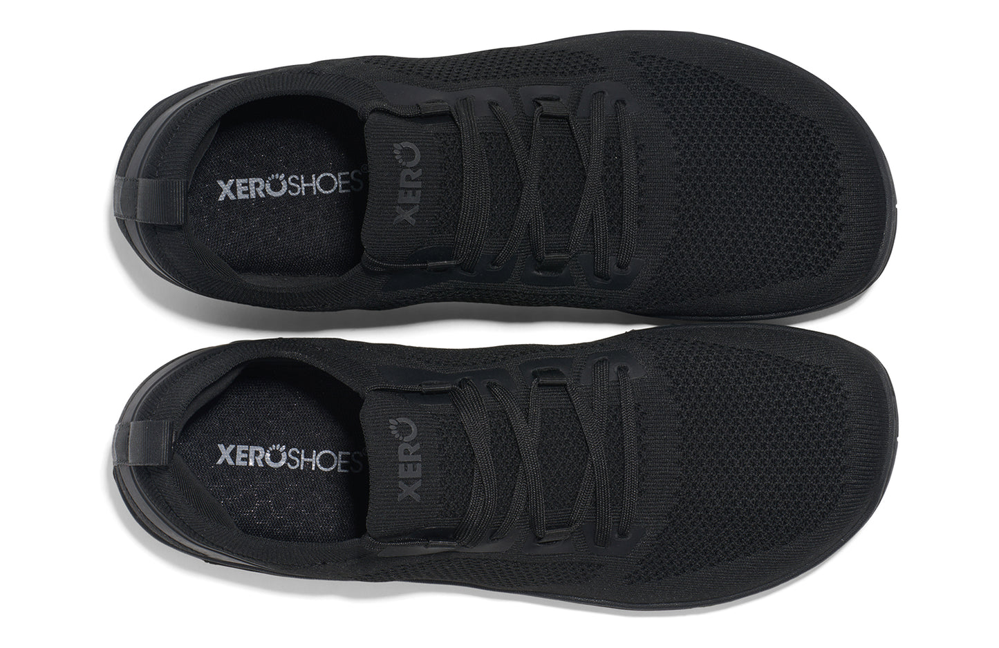 Xero Shoes Canada, specifically barefoot running shoes Canada. These minimalist shoes have flexible soles, wide toe boxes, and zero drop. Top view of Xero Men's Nexus Knit in Black Black. An athletic, comfortable shoe.