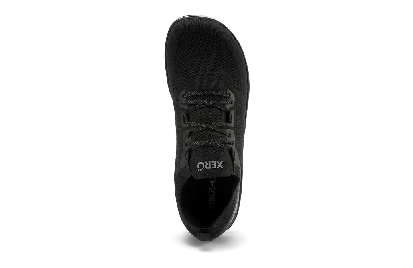Xero Shoes Canada, specifically barefoot running shoes Canada. These minimalist shoes have flexible soles, wide toe boxes, and zero drop. Top view of Xero Men's Nexus Knit in Black. An athletic, comfortable shoe.