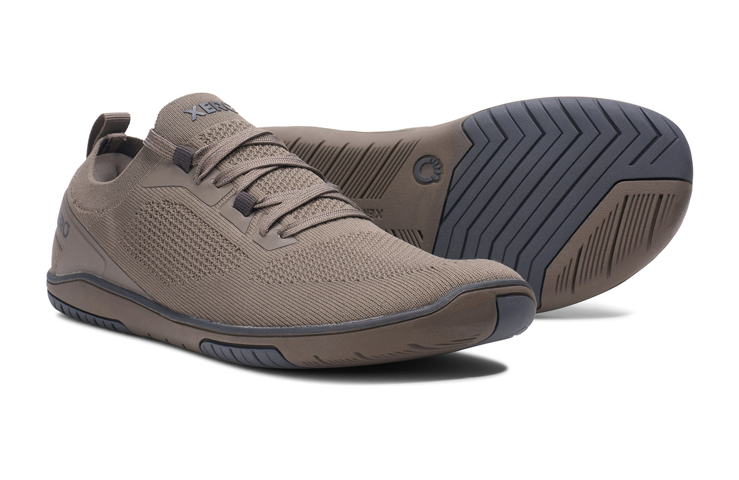 Xero Shoes Canada, specifically barefoot running shoes Canada. These minimalist shoes have flexible soles, wide toe boxes, and zero drop. Pair view of Xero Men's Nexus Knit in Morel. An athletic, comfortable shoe.