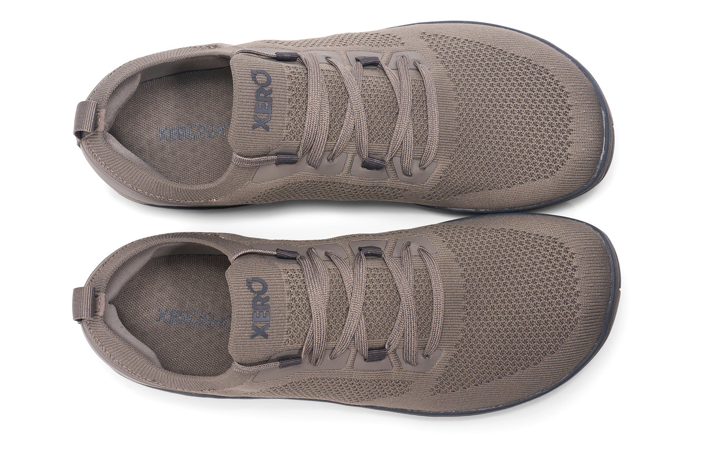 Xero Shoes Canada, specifically barefoot running shoes Canada. These minimalist shoes have flexible soles, wide toe boxes, and zero drop. Top view of Xero Men's Nexus Knit in Morel. An athletic, comfortable shoe.