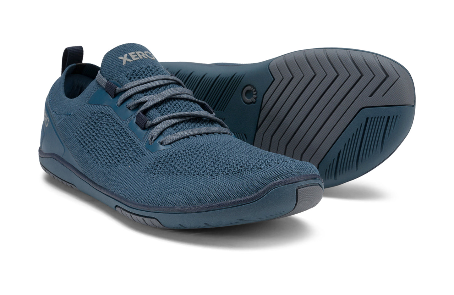 Xero Shoes Canada, specifically barefoot running shoes Canada. These minimalist shoes have flexible soles, wide toe boxes, and zero drop. Pair view of Xero Men's Nexus Knit in Orion Blue. An athletic, comfortable shoe.