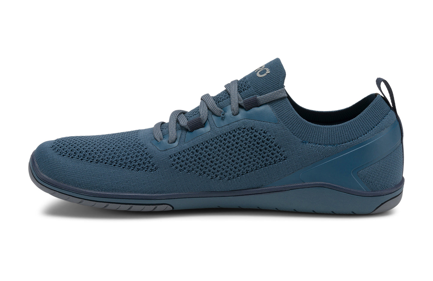 Xero Shoes Canada, specifically barefoot running shoes Canada. These minimalist shoes have flexible soles, wide toe boxes, and zero drop. Side view of Xero Men's Nexus Knit in Orion Blue. An athletic, comfortable shoe.