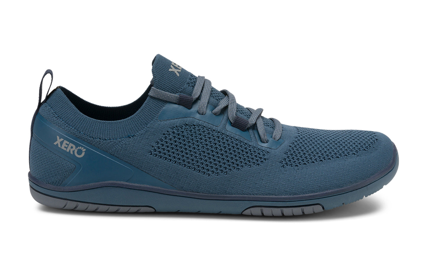 Xero Shoes Canada, specifically barefoot running shoes Canada. These minimalist shoes have flexible soles, wide toe boxes, and zero drop. Lateral side view of Xero Men's Nexus Knit in Orion Blue. An athletic, comfortable shoe.