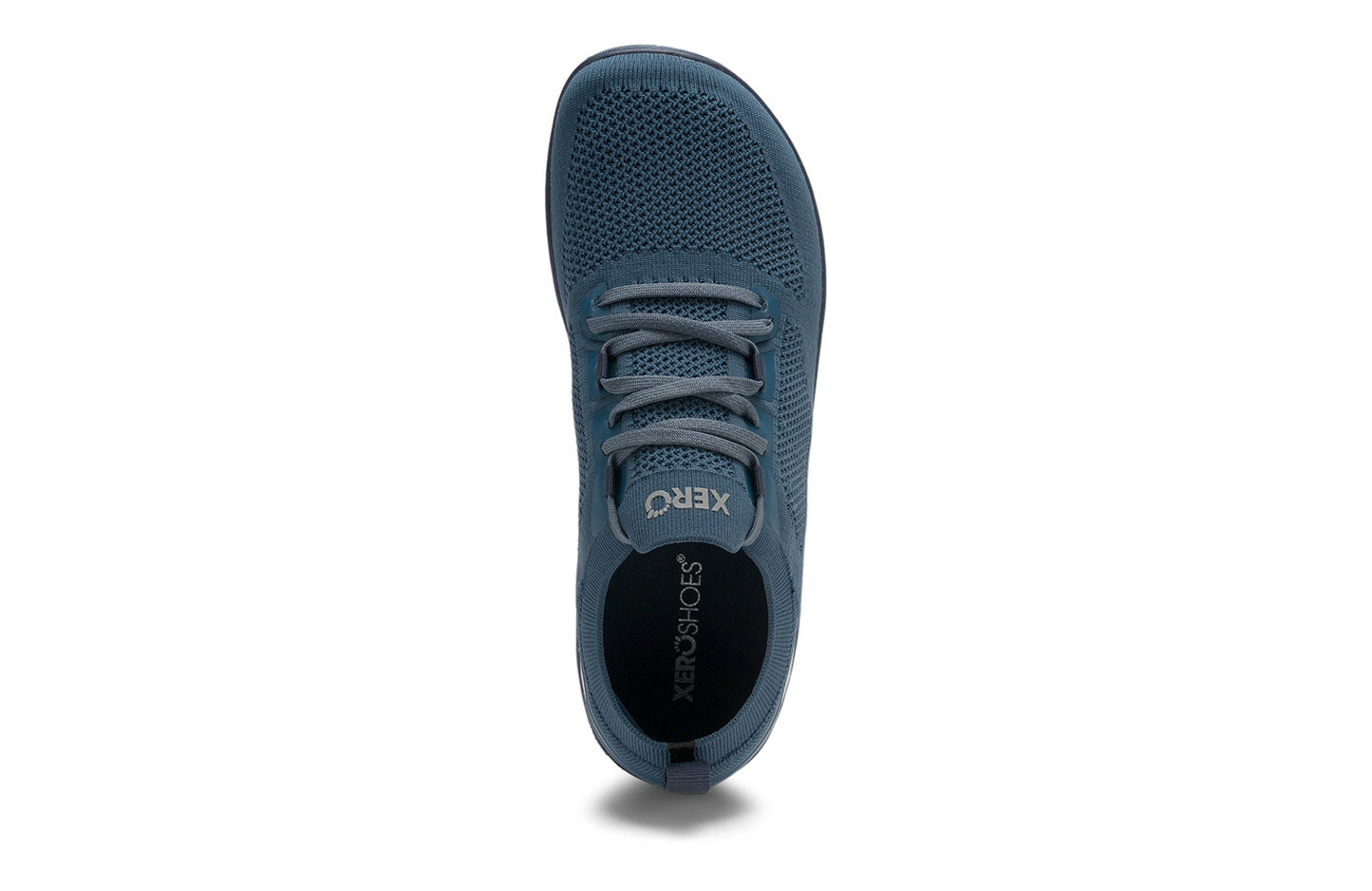 Xero Shoes Canada, specifically barefoot running shoes Canada. These minimalist shoes have flexible soles, wide toe boxes, and zero drop. Top view of Xero Men's Nexus Knit in Orion Blue. An athletic, comfortable shoe.