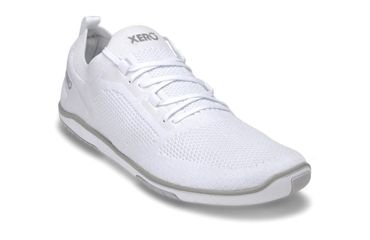Xero Shoes Canada, specifically barefoot running shoes Canada. These minimalist shoes have flexible soles, wide toe boxes, and zero drop. Angled view of Xero Men's Nexus Knit in White. An athletic, comfortable shoe.