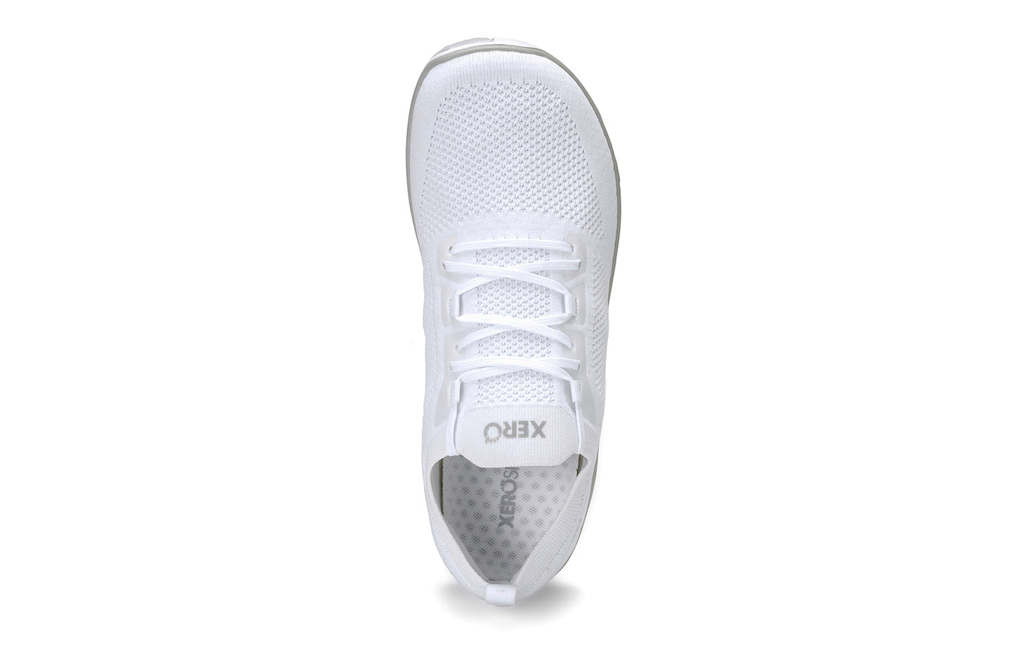 Xero Shoes Canada, specifically barefoot running shoes Canada. These minimalist shoes have flexible soles, wide toe boxes, and zero drop. Top view of Xero Men's Nexus Knit in White. An athletic, comfortable shoe.