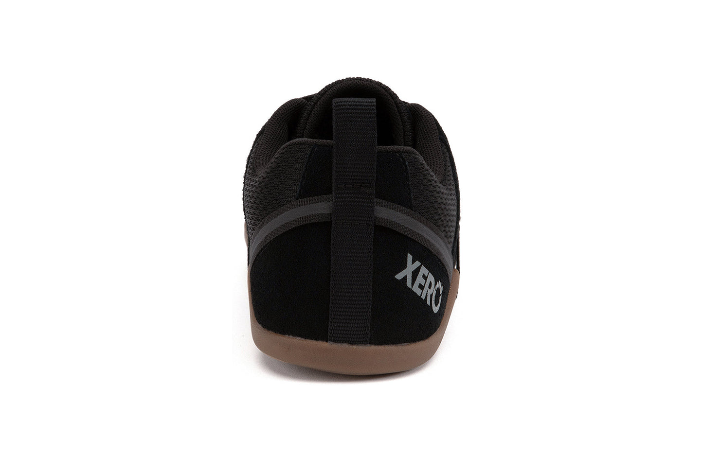 Xero Barefoot Shoes sold in Ontario, Canada. These minimalist shoes have flexible soles, wide toe boxes, and zero drop. Back view of Xero Men's Prio Suede in Black Gum. All-purpose "do anything" shoe.