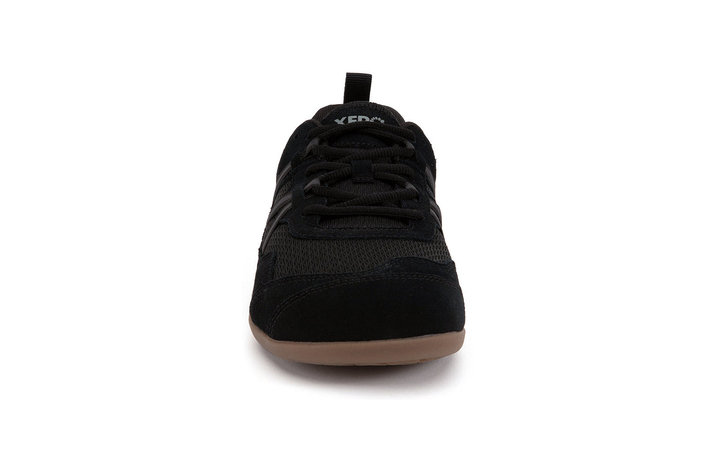 Xero Barefoot Shoes sold in Ontario, Canada. These minimalist shoes have flexible soles, wide toe boxes, and zero drop. Front view of Xero Men's Prio Suede in Black Gum. All-purpose "do anything" shoe.