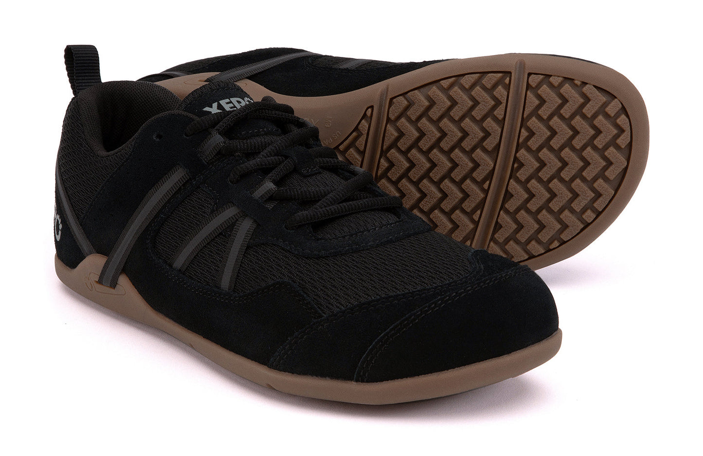Xero Barefoot Shoes sold in Ontario, Canada. These minimalist shoes have flexible soles, wide toe boxes, and zero drop. Pair view of Xero Men's Prio Suede in Black Gum. All-purpose "do anything" shoe.