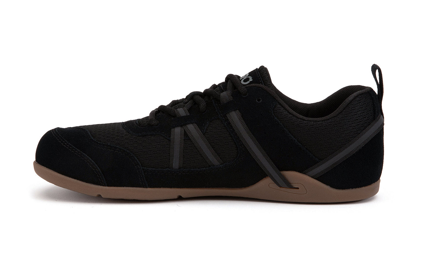 Xero Barefoot Shoes sold in Ontario, Canada. These minimalist shoes have flexible soles, wide toe boxes, and zero drop. Medial side view of Xero Men's Prio Suede in Black Gum. All-purpose "do anything" shoe.