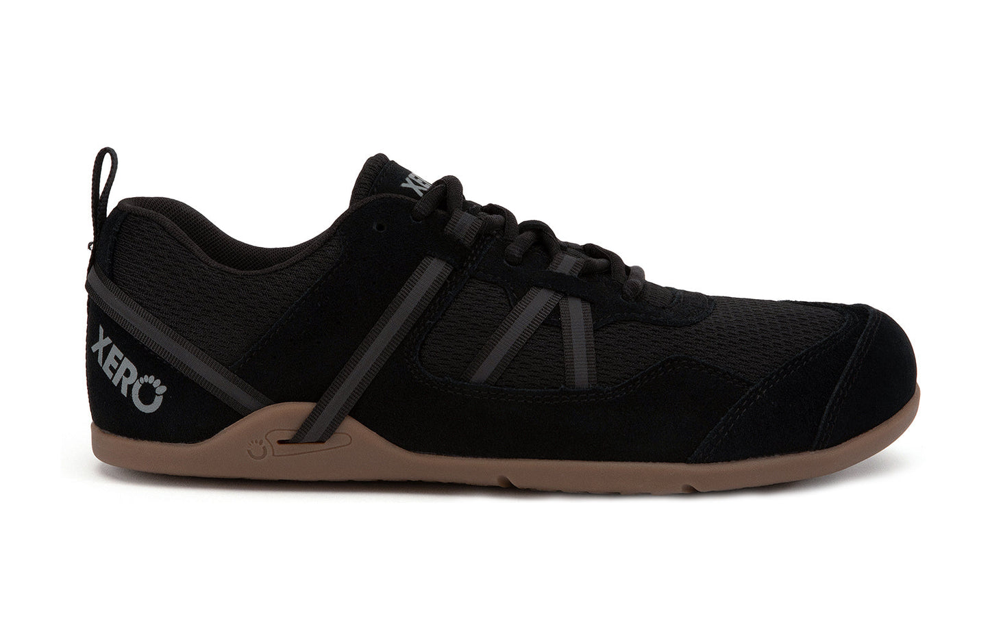 Xero Barefoot Shoes sold in Ontario, Canada. These minimalist shoes have flexible soles, wide toe boxes, and zero drop. Lateral side view of Xero Men's Prio Suede in Black Gum. All-purpose "do anything" shoe.