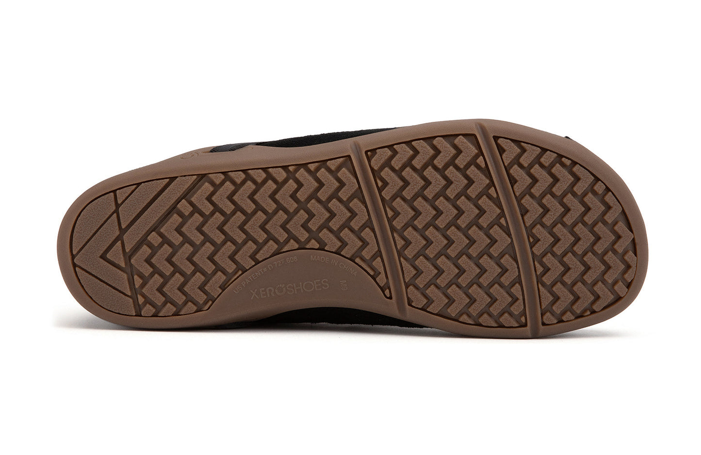 Xero Barefoot Shoes sold in Ontario, Canada. These minimalist shoes have flexible soles, wide toe boxes, and zero drop. Sole view of Xero Men's Prio Suede in Black Gum. All-purpose "do anything" shoe.