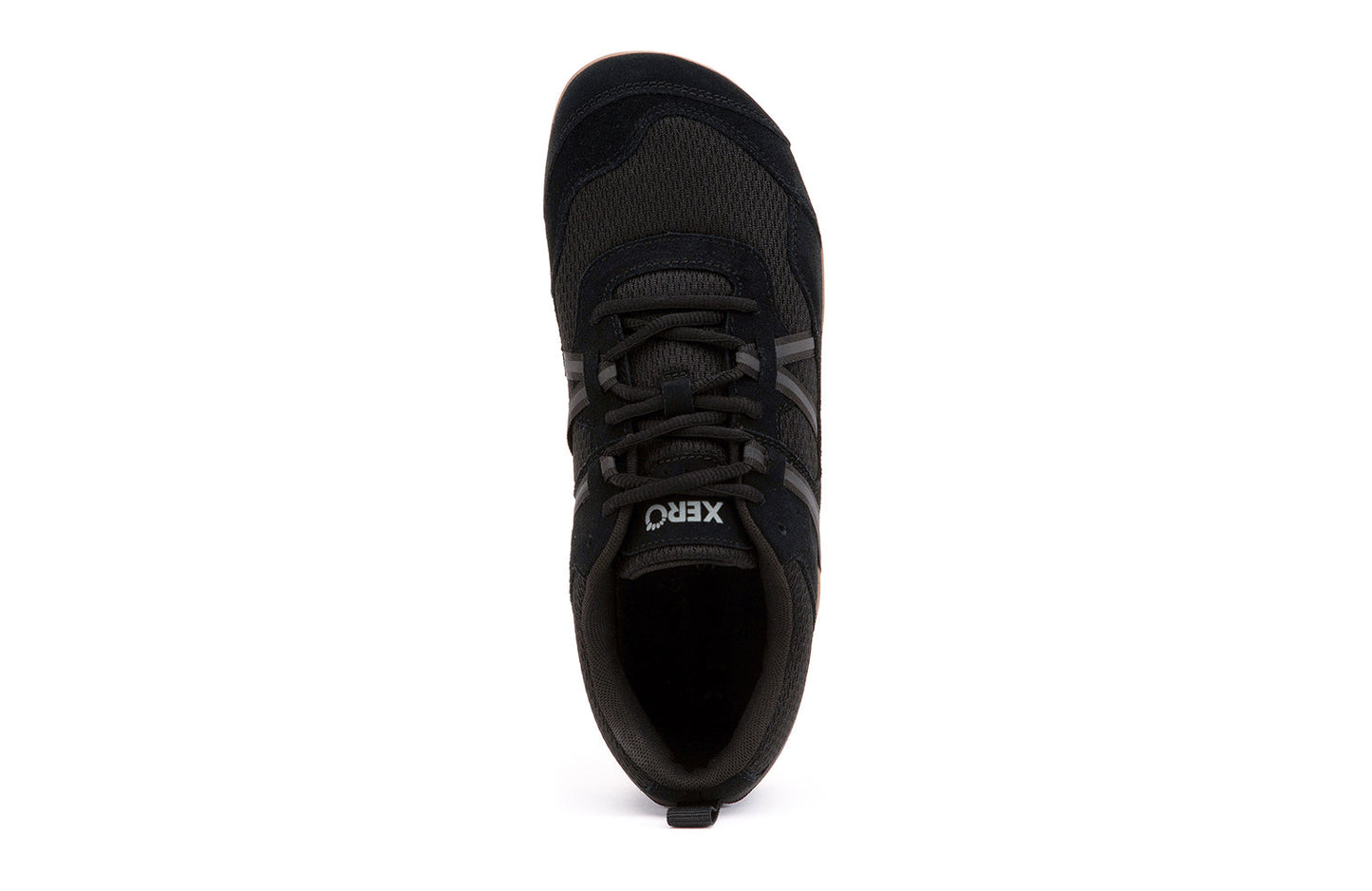 Xero Barefoot Shoes sold in Ontario, Canada. These minimalist shoes have flexible soles, wide toe boxes, and zero drop. Top view of Xero Men's Prio Suede in Black Gum. All-purpose "do anything" shoe.