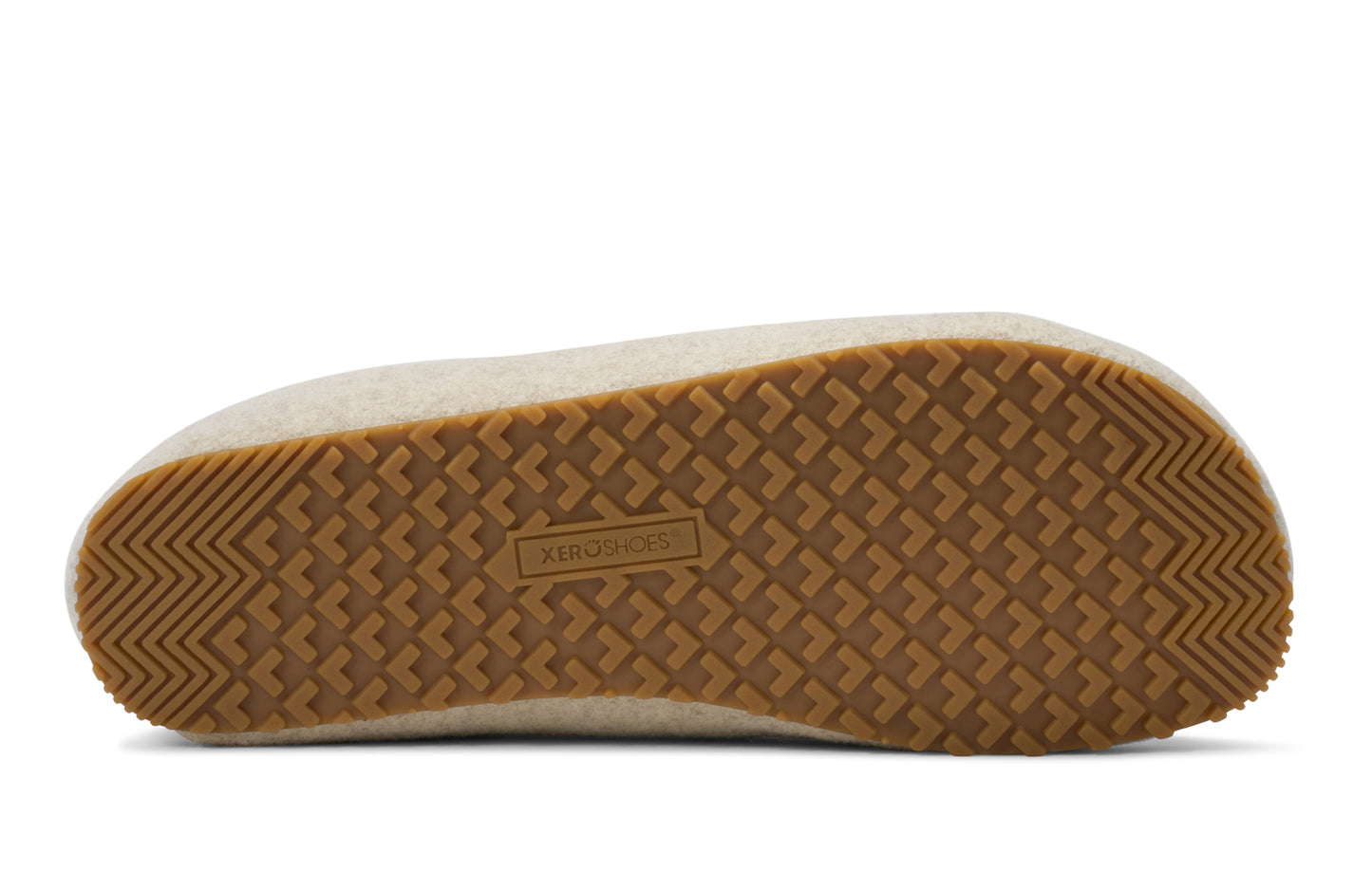 Xero Shoes Canada, specifically men’s barefoot shoes Canada. These minimalist shoes have flexible soles, wide toe boxes, and zero drop. Sole view of Xero Men's Pagosa Cozy in Marled Cream. Comfy fluffy slipper.