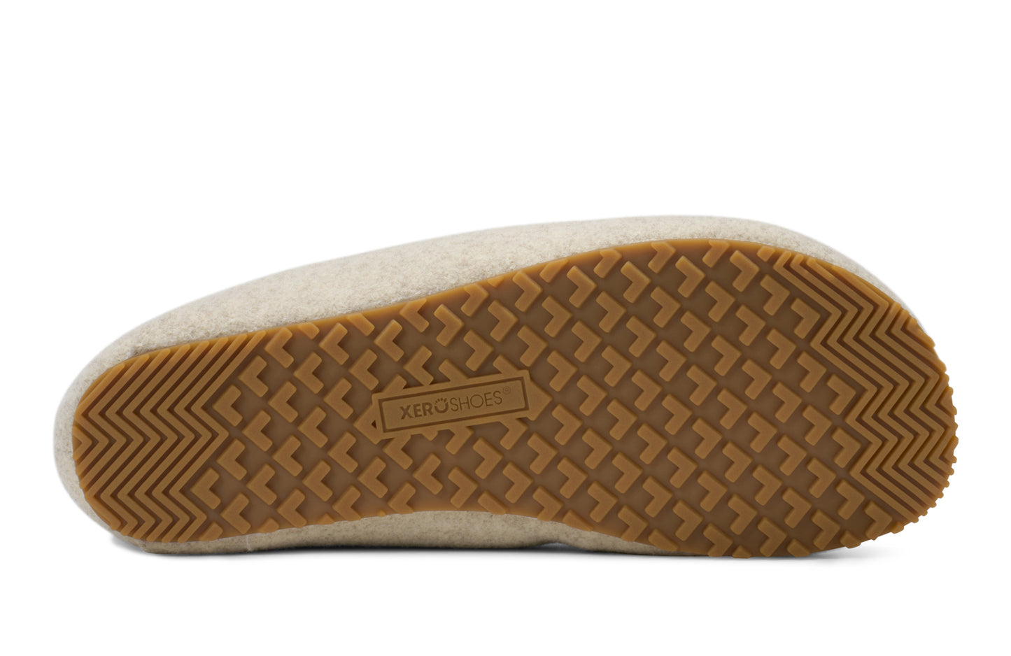 Xero Shoes Canada, specifically men’s barefoot shoes Canada. These minimalist shoes have flexible soles, wide toe boxes, and zero drop. Sole view of Xero Women's Pagosa Cozy in Marled Cream. Comfy fluffy slipper.