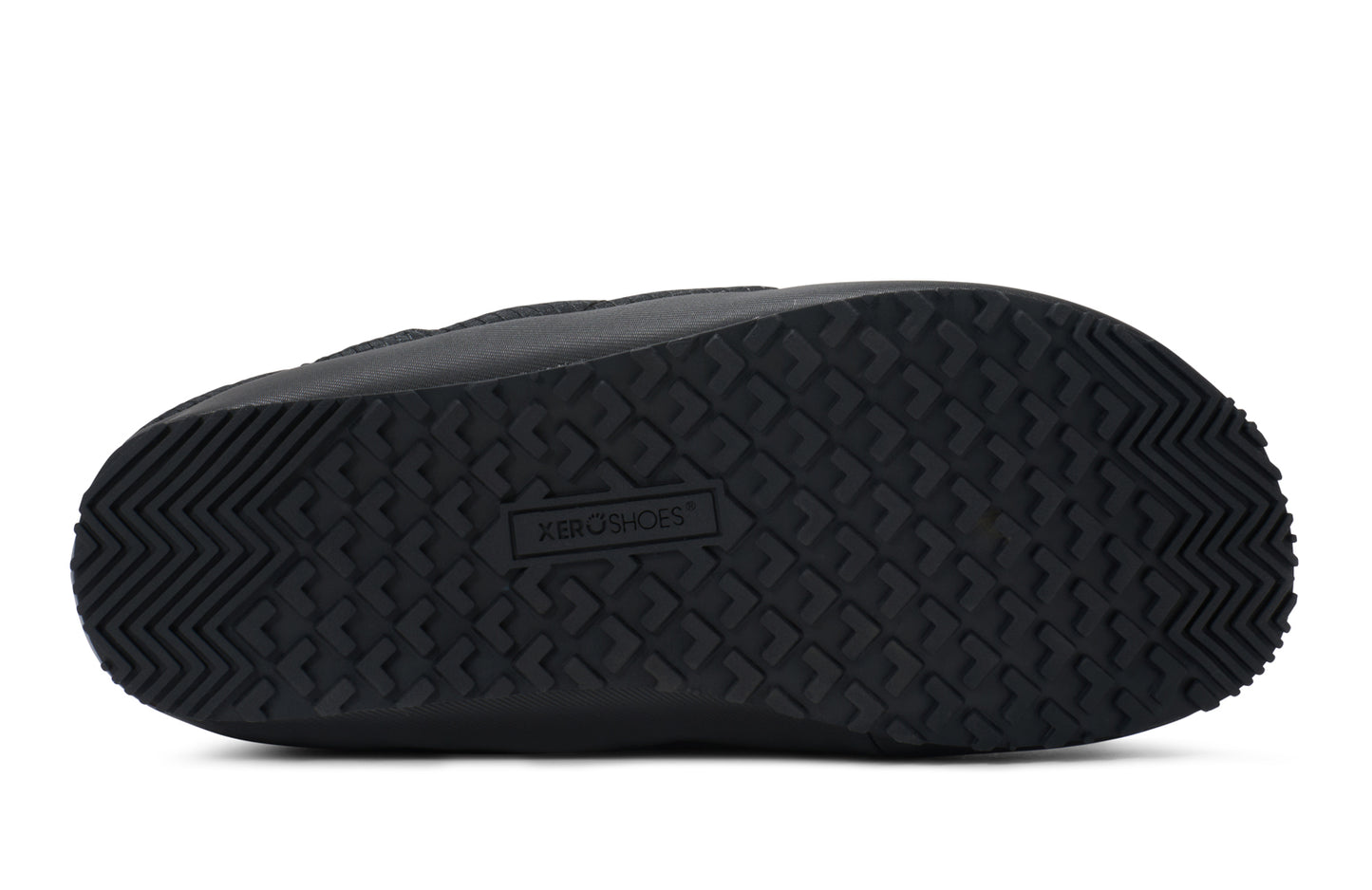 Xero Shoes Canada, specifically men’s barefoot shoes Canada. These minimalist shoes have flexible soles, wide toe boxes, and zero drop. Sole view of Xero Women's Pagosa Fireside in Black. Insulated fireside slipper.