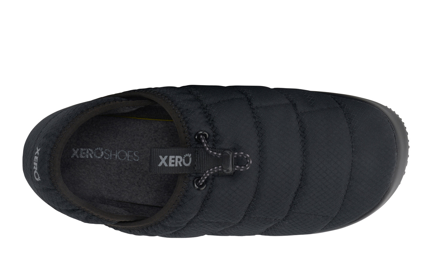 Xero Shoes Canada, specifically men’s barefoot shoes Canada. These minimalist shoes have flexible soles, wide toe boxes, and zero drop. Top view of Xero Men's Pagosa Fireside in Black. Comfy fluffy slipper.