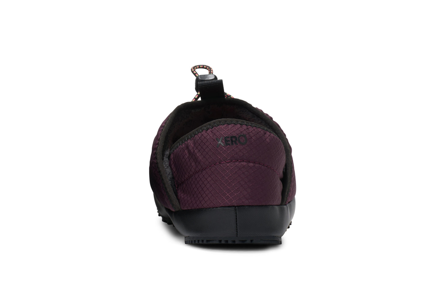 Xero Shoes Canada, specifically men’s barefoot shoes Canada. These minimalist shoes have flexible soles, wide toe boxes, and zero drop. Back view of Xero Women's Pagosa Fireside in Fig. Insulated fireside slipper.