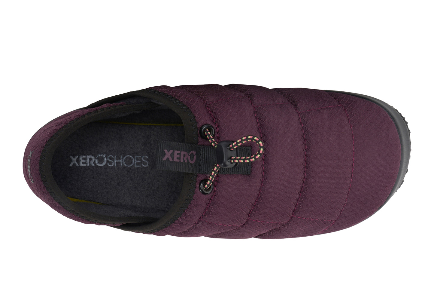 Xero Shoes Canada, specifically men’s barefoot shoes Canada. These minimalist shoes have flexible soles, wide toe boxes, and zero drop. Top view of Xero Women's Pagosa Fireside in Fig. Insulated fireside slipper.