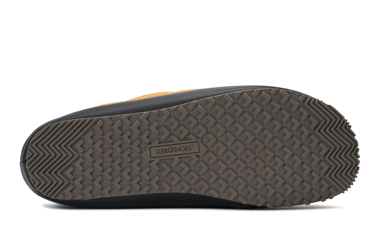 Xero Shoes Canada, specifically men’s barefoot shoes Canada. These minimalist shoes have flexible soles, wide toe boxes, and zero drop. Sole view of Xero Men's Pagosa Fireside in Oak Buff. Comfy fluffy slipper.